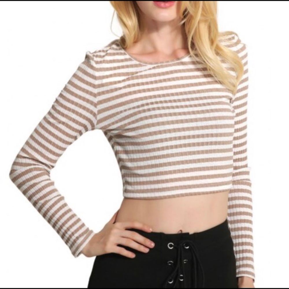 Striped Long Sleeve Crop Top Round Neck Pullover